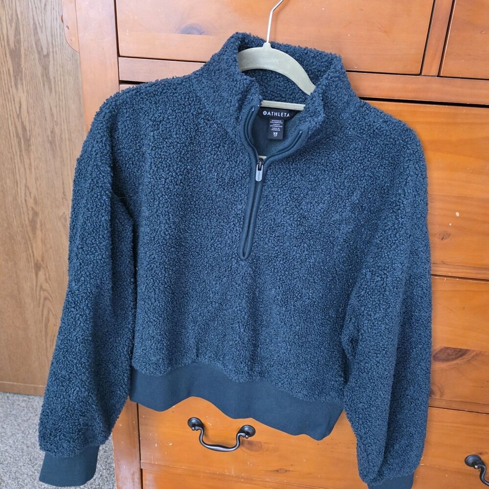 Athleta Teddy Bear Fleece Pullover Size XS Green 1/4 Zip Cozy Cropped